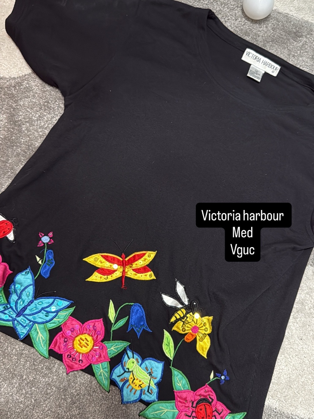 Victoria Harbour Black Short Sleeve Tee with Colorful Floral Embroidery